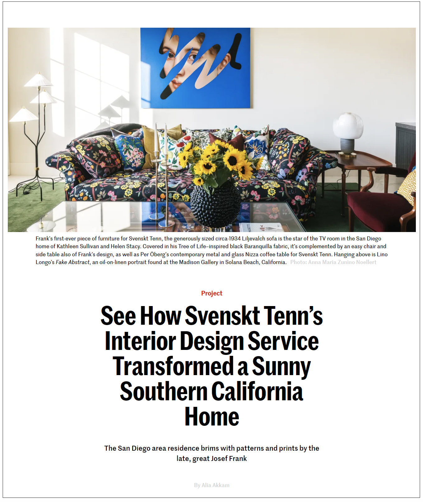 Colorful living room with patterned sofa, sunflower centerpiece, lamps, and bold blue artwork above. Interior Design California. Svenskt Tenn. Julia Prytz Design