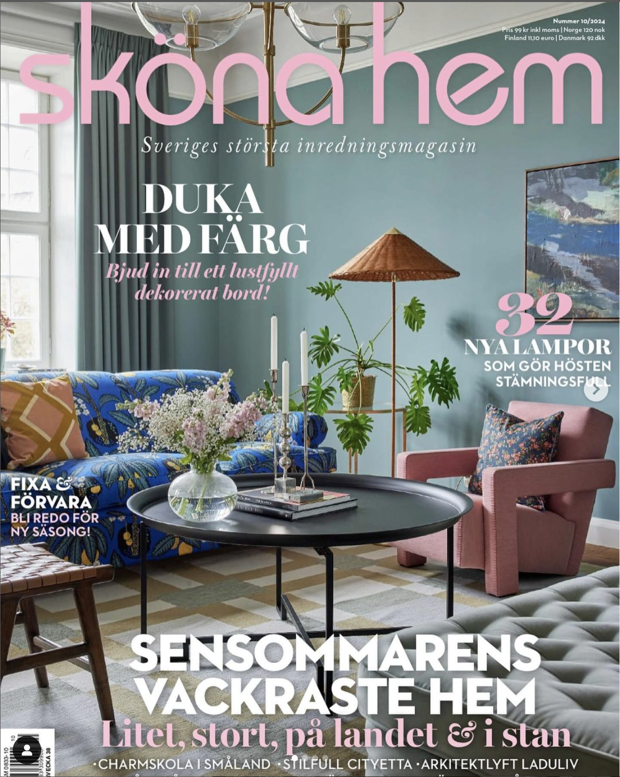 Swedish home magazine cover showing a decorated living room with colorful cushions, coffee table, and hanging lamps. Interior Stockholm. Julia Prytz Design. Svenskt Tenn